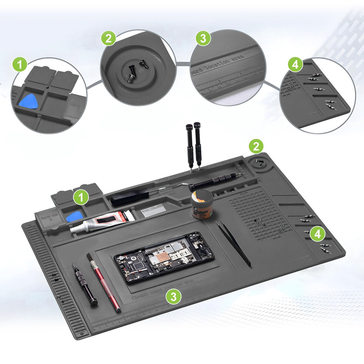 Covoras din silicon rezistent la caldura, Zola, organizator service, 4 buzunare magnetice, marcaje si linii de masurare, loc special pentru surubelnite, gri, 30 x 45 cm Covoras din silicon rezistent la caldura, Zola, organizator service, 4 buzunare magnetice, marcaje si linii de masurare, loc special pentru surubelnite, gri, 30 x 45 cm